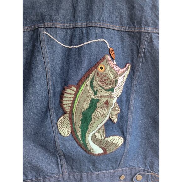 Vintage American Hero Dark Wash Denim Jacket Men Fish Embroidered READ - Picture 2 of 13